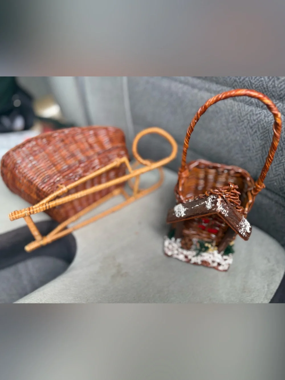 Vintage Show Stoppers Wicker Christmas Sleigh & Snowy Cabin Basket Bundle